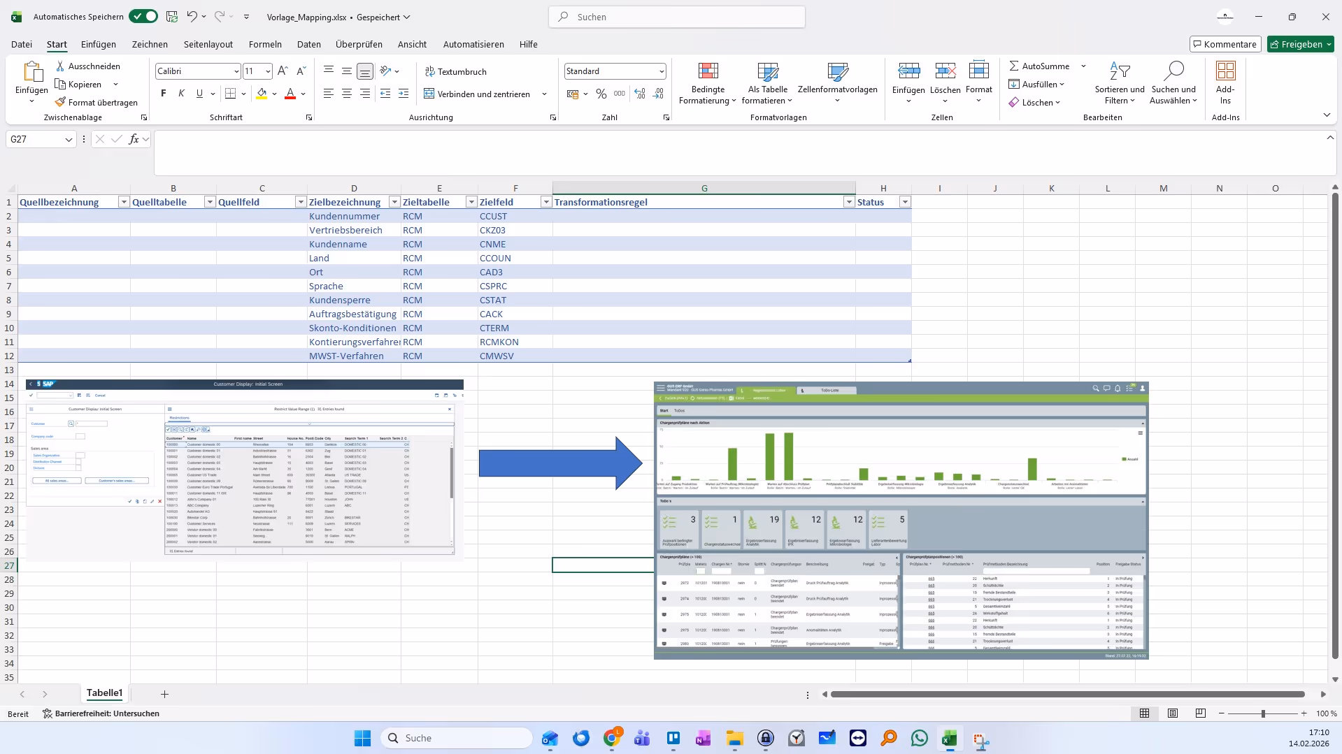 Excel-Tabelle zeigt Bankdaten-Mapping mit Quell- und Zieltabelle, darunter zwei Screenshots einer SAP-Bankverwaltungs-Oberfläche.